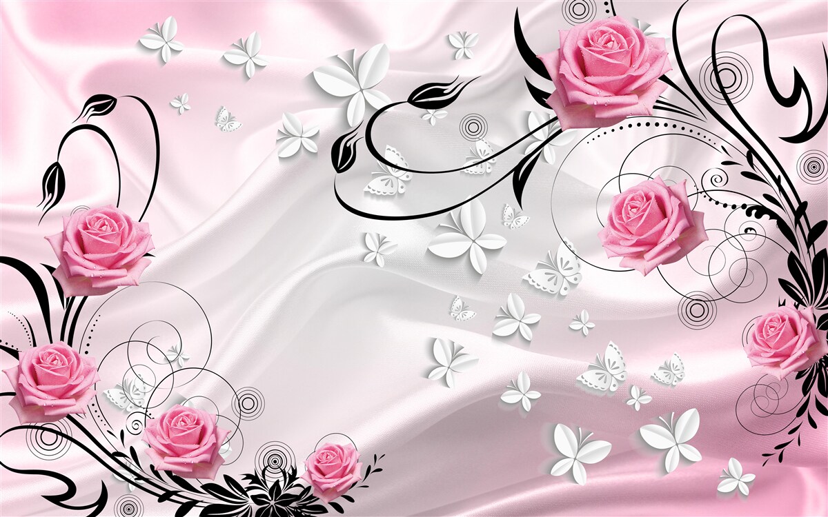 Fotobehang roze rozen op een achtergrond van sneeuwwitte zijde