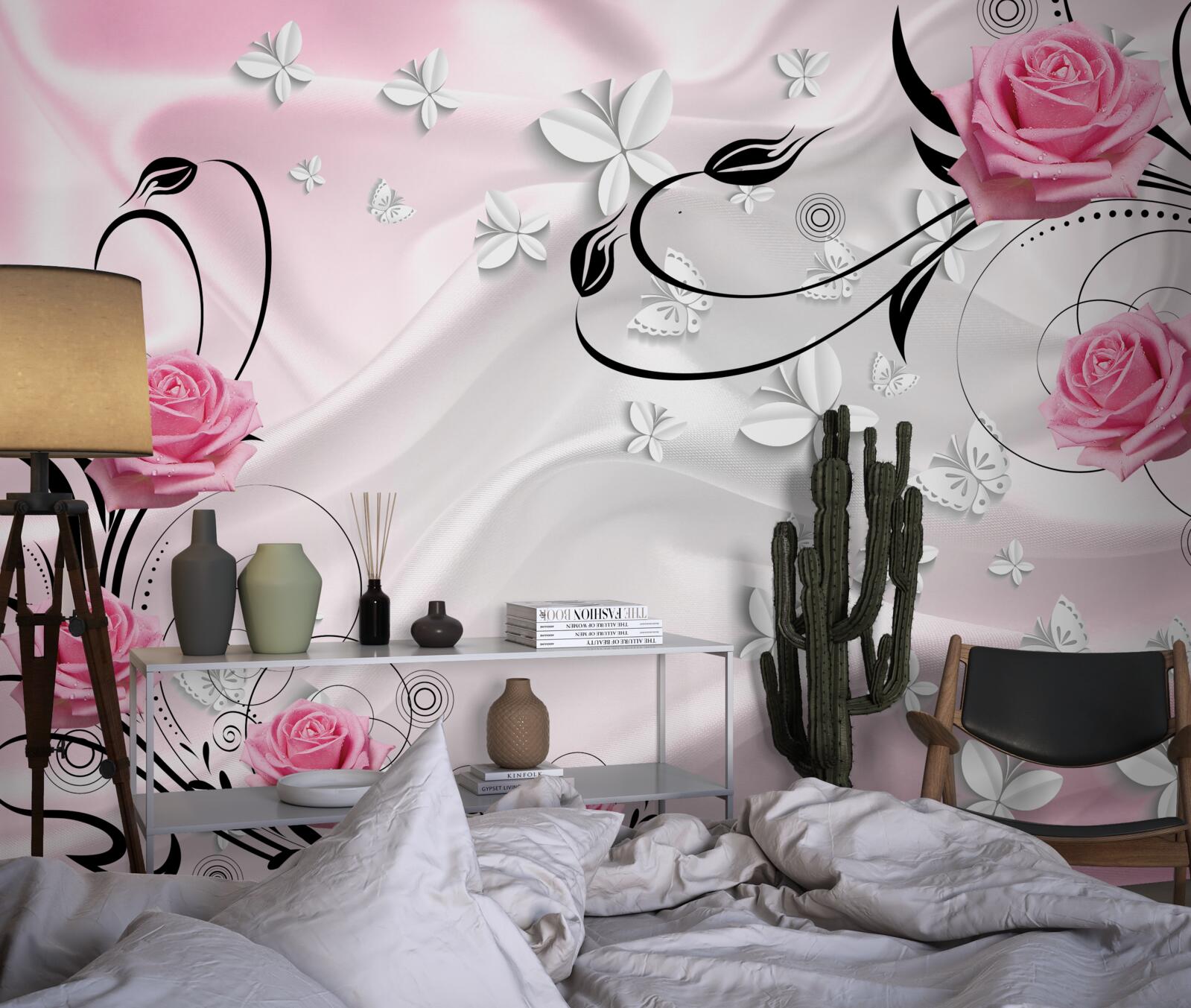 Fotobehang roze rozen op een achtergrond van sneeuwwitte zijde