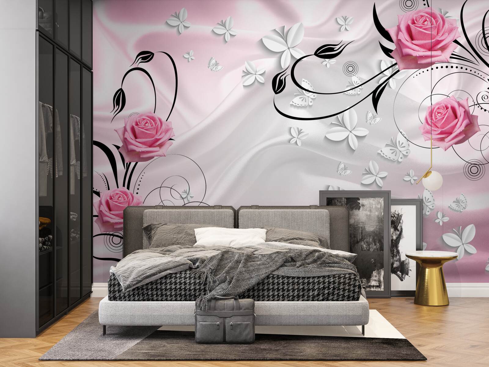 Fotobehang roze rozen op een achtergrond van sneeuwwitte zijde