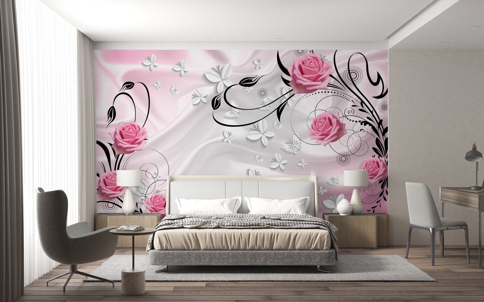 Fotobehang roze rozen op een achtergrond van sneeuwwitte zijde