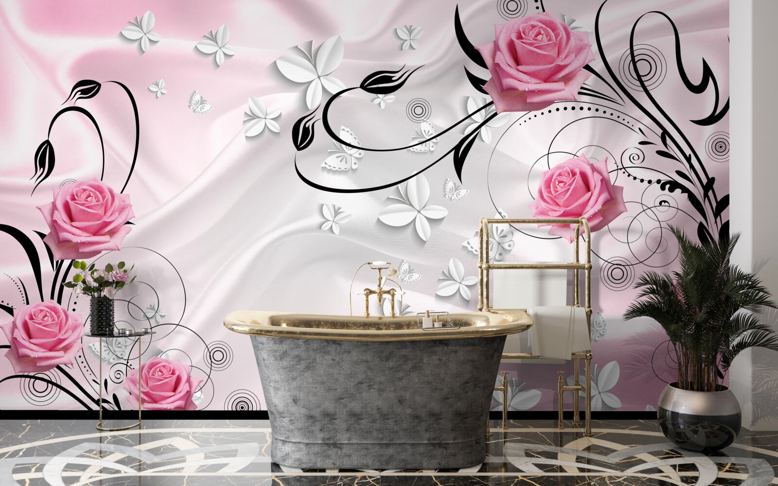 Fotobehang roze rozen op een achtergrond van sneeuwwitte zijde