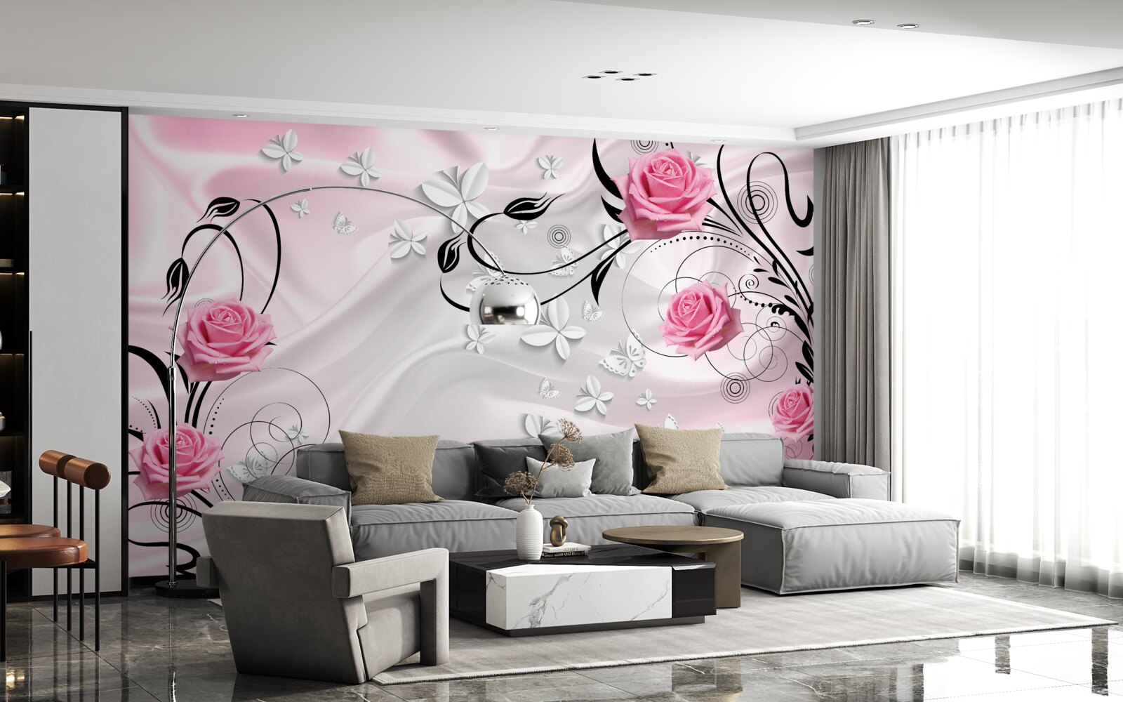 Fotobehang roze rozen op een achtergrond van sneeuwwitte zijde