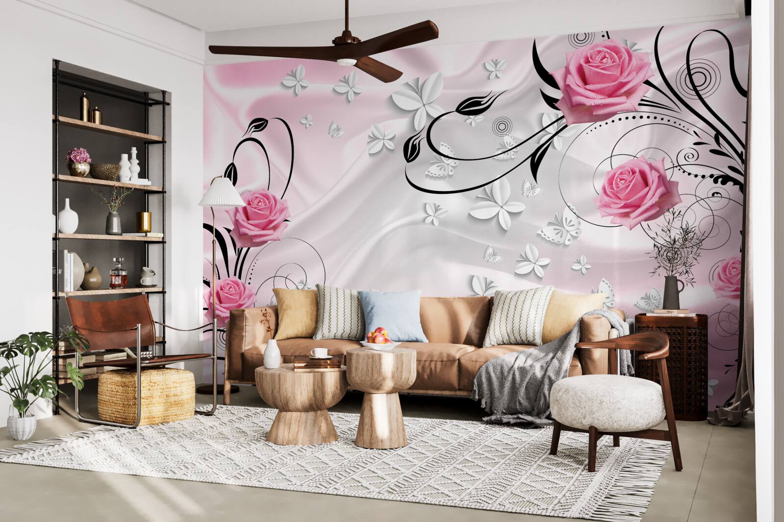 Fotobehang roze rozen op een achtergrond van sneeuwwitte zijde