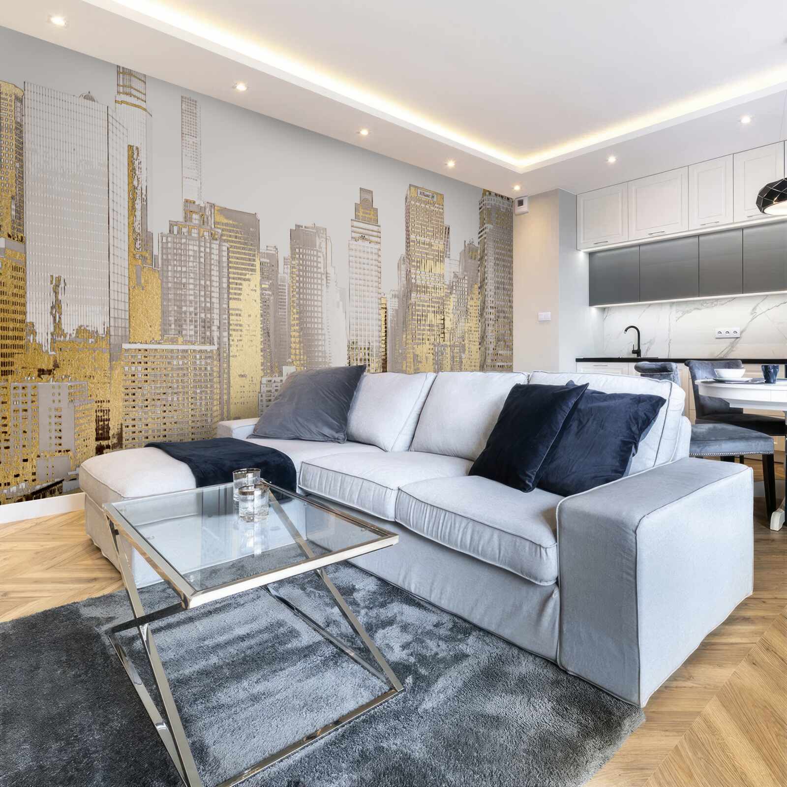 Fotobehang gouden wolkenkrabber panorama