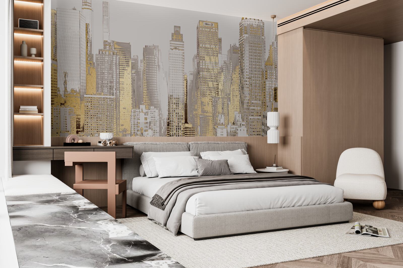 Fotobehang gouden wolkenkrabber panorama