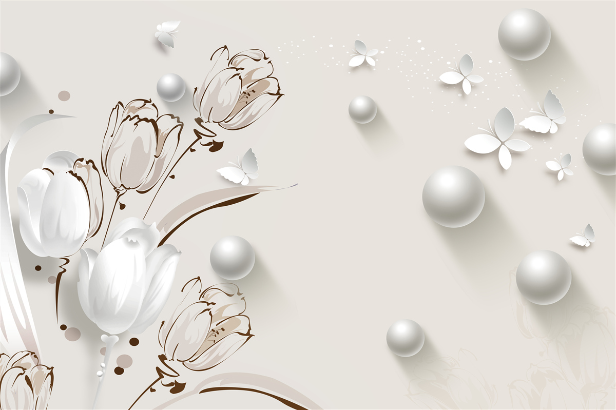 Fotobehang bloemen van goud en parels in een sneeuwwitte tint