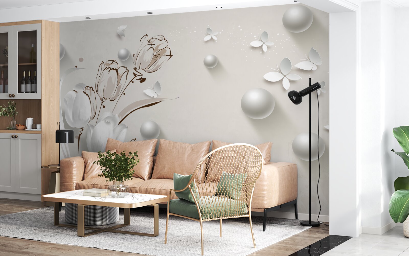 Fotobehang bloemen van goud en parels in een sneeuwwitte tint