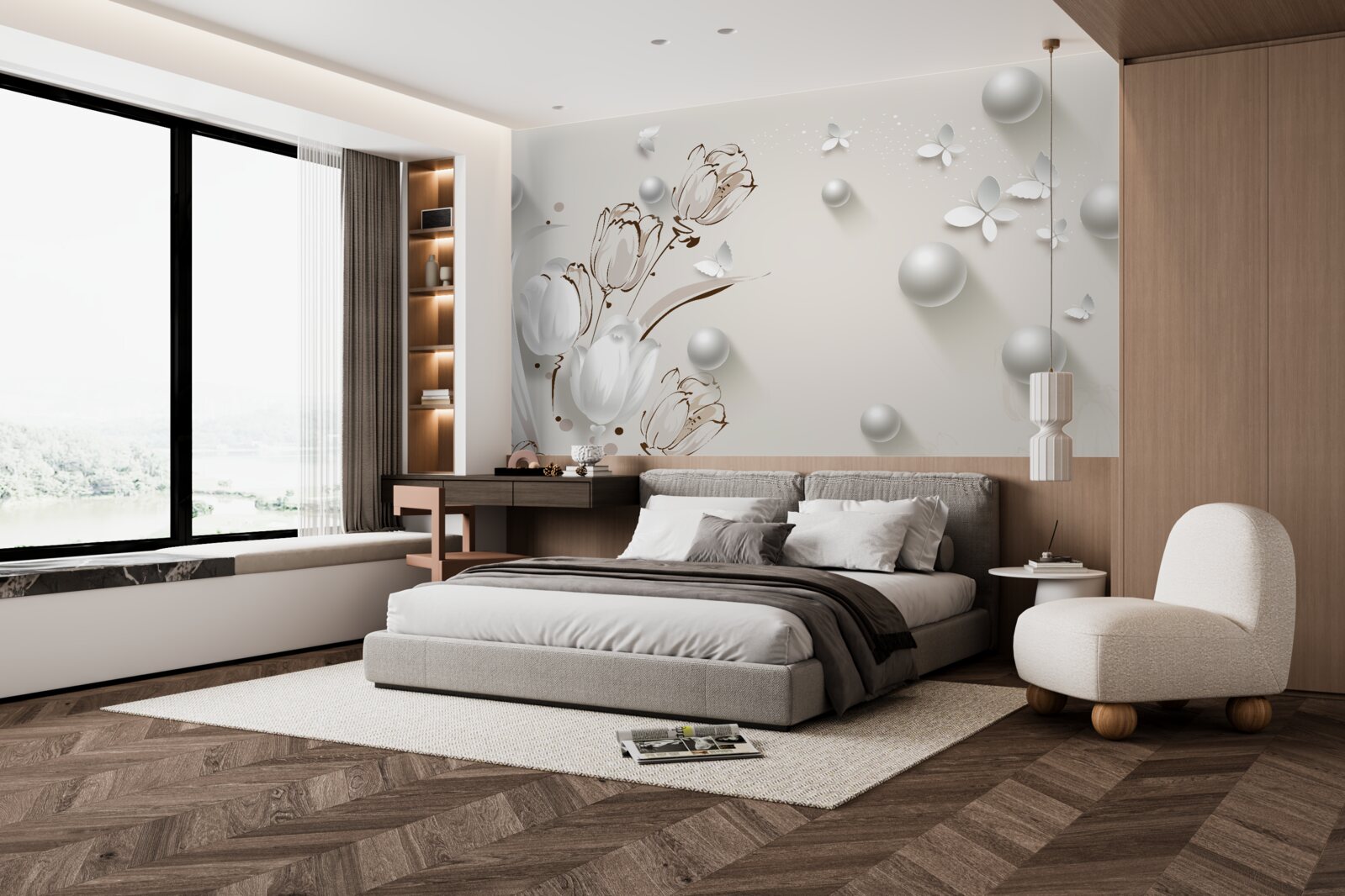 Fotobehang bloemen van goud en parels in een sneeuwwitte tint