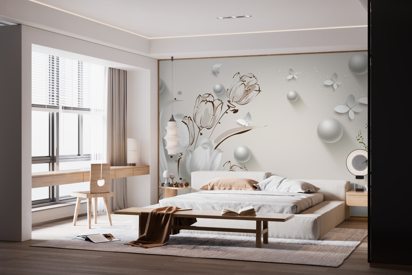 Fotobehang bloemen van goud en parels in een sneeuwwitte tint