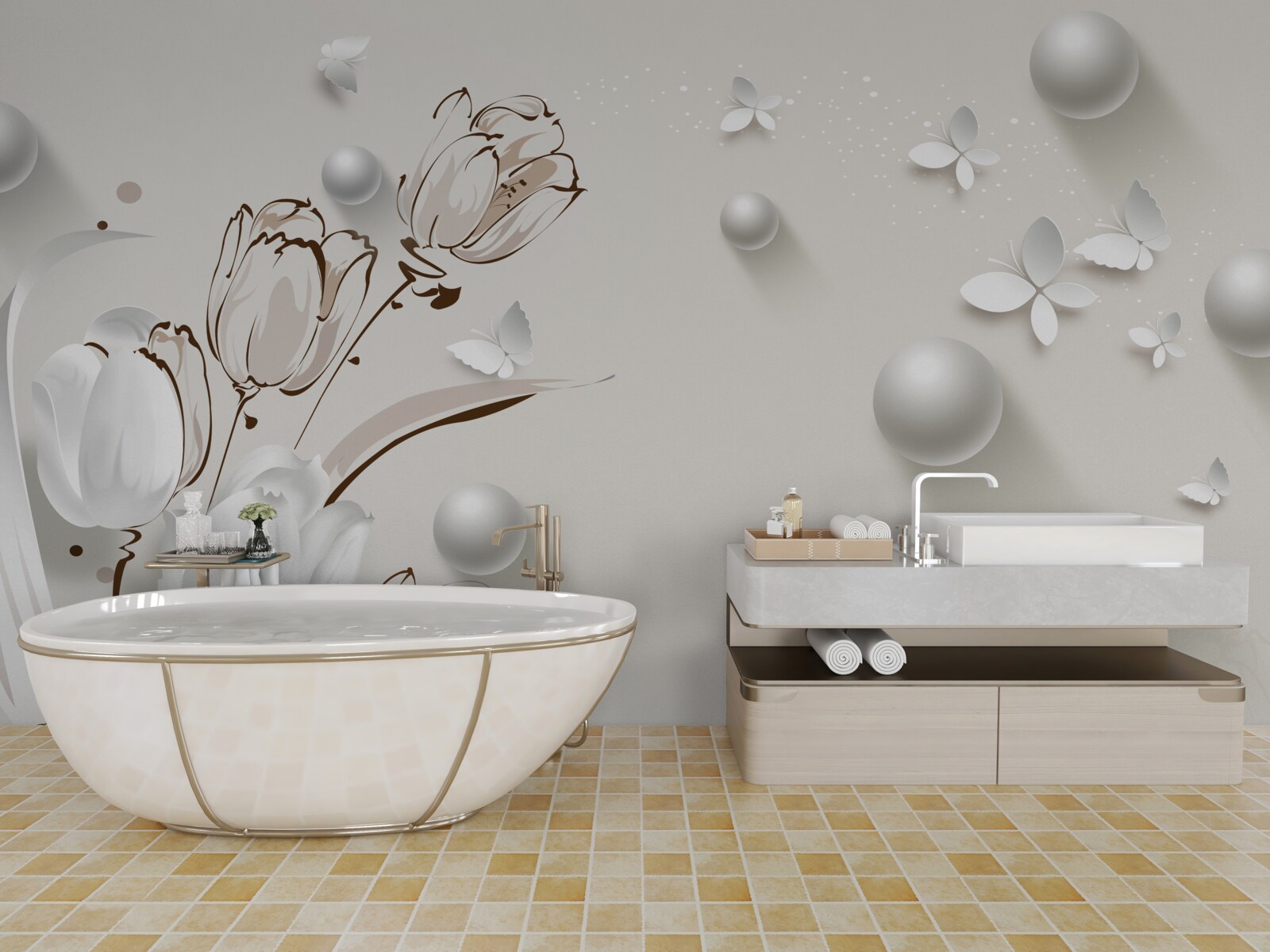 Fotobehang bloemen van goud en parels in een sneeuwwitte tint