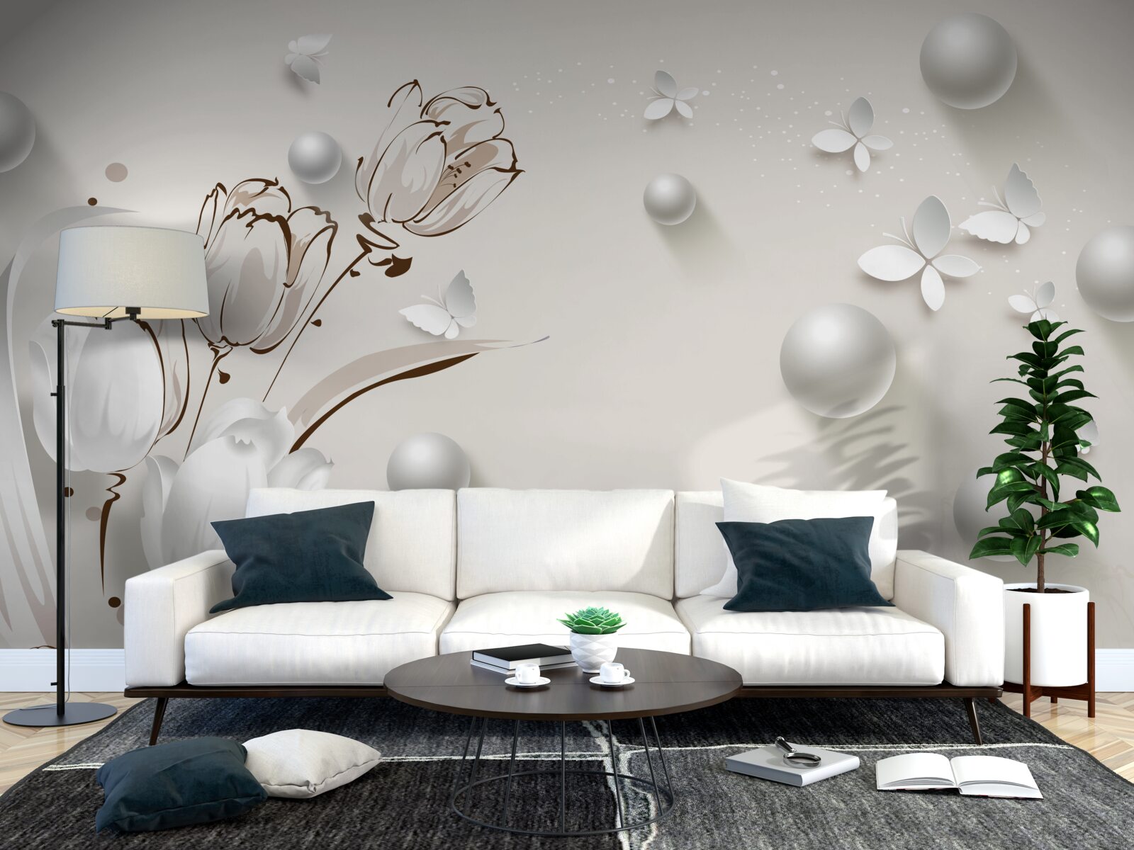 Fotobehang bloemen van goud en parels in een sneeuwwitte tint