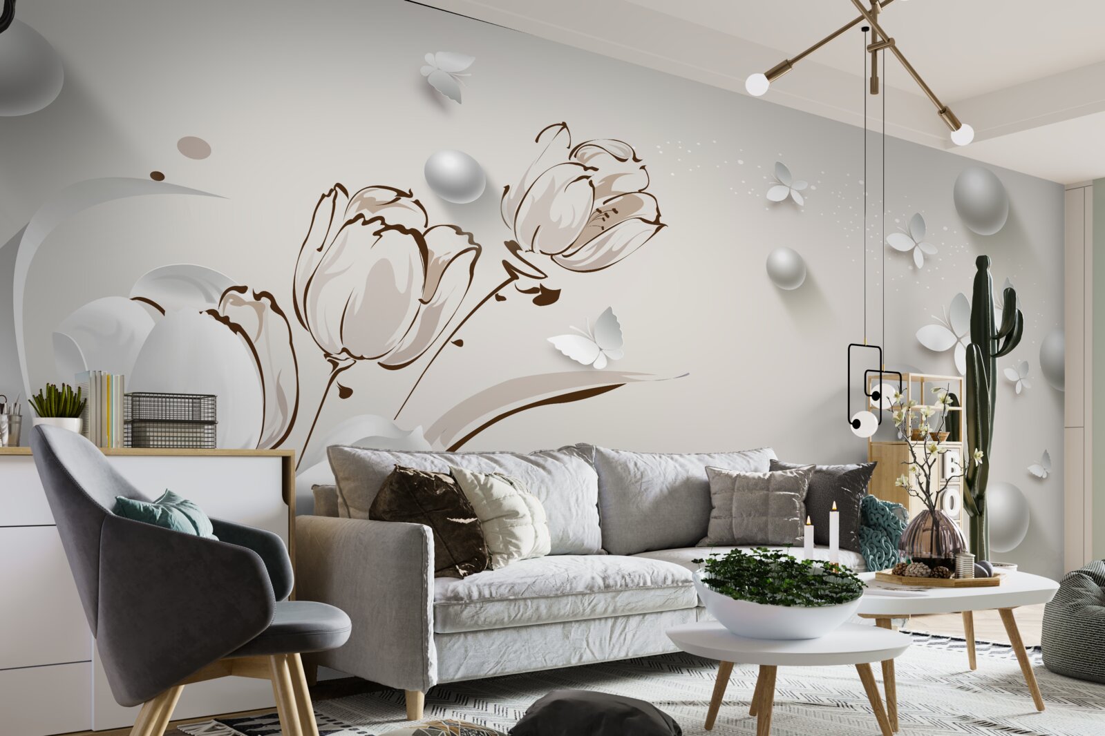 Fotobehang bloemen van goud en parels in een sneeuwwitte tint