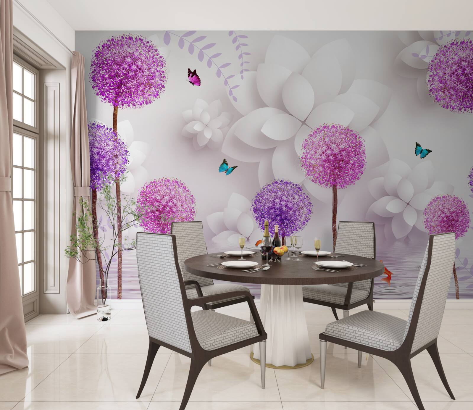 Fotobehang paarse kuit drijvend op het wateroppervlak