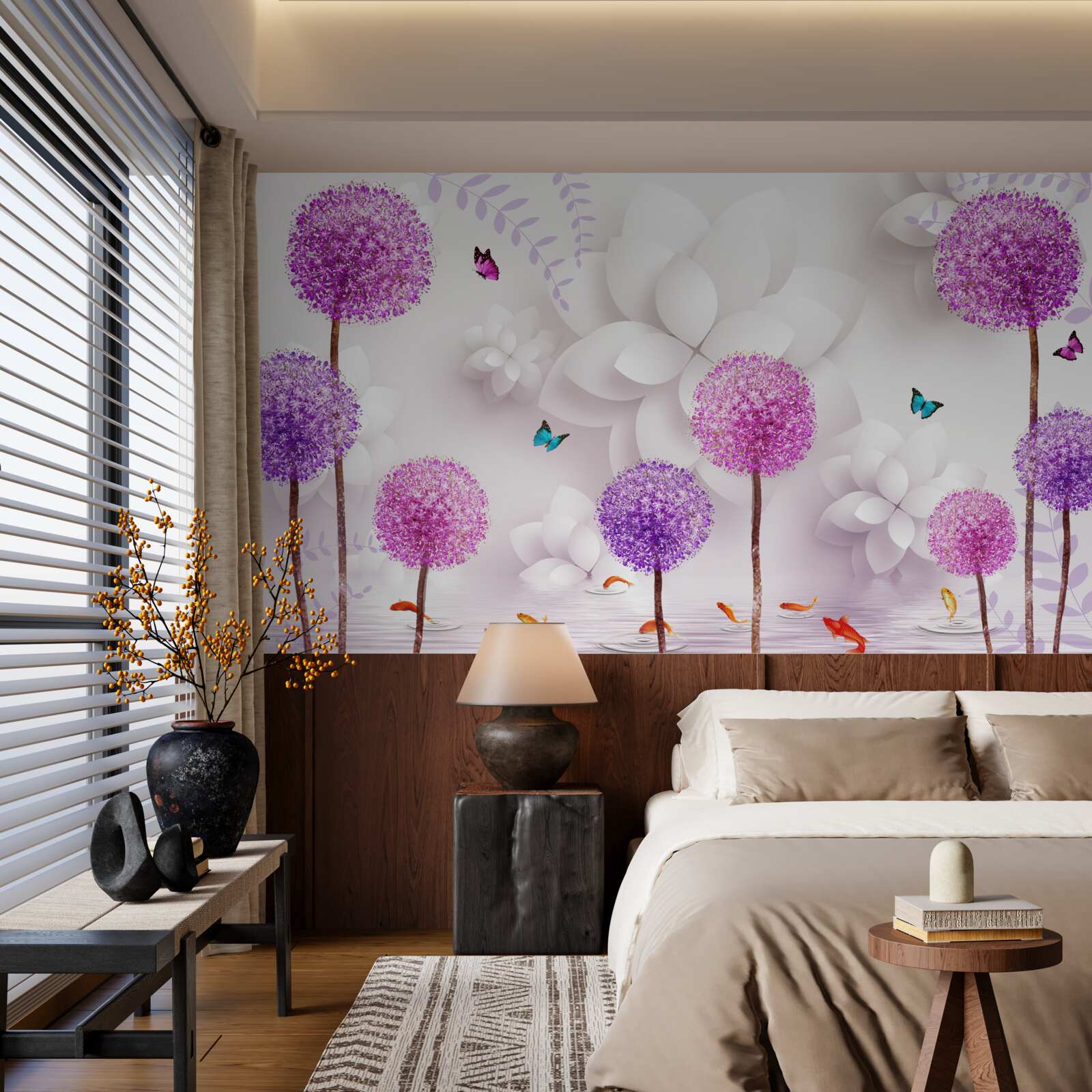 Fotobehang paarse kuit drijvend op het wateroppervlak