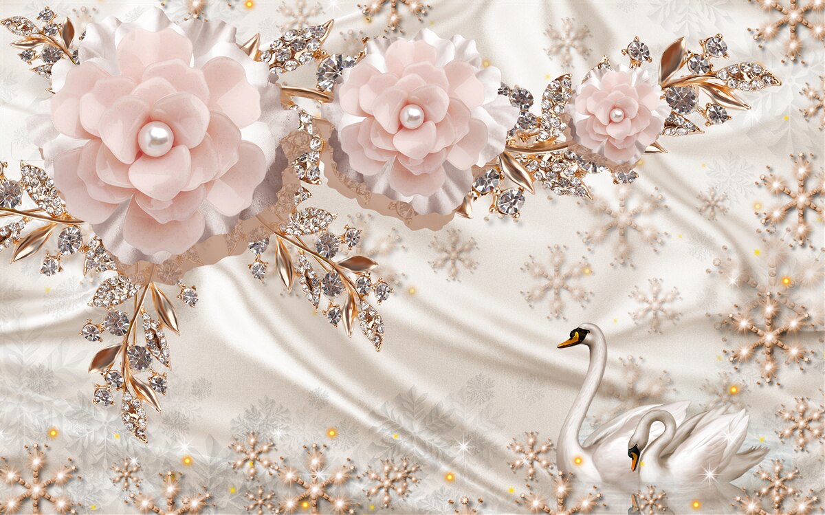 Fotobehang roze bloemen zijn versierd met gouden en sneeuwwitte zwanen