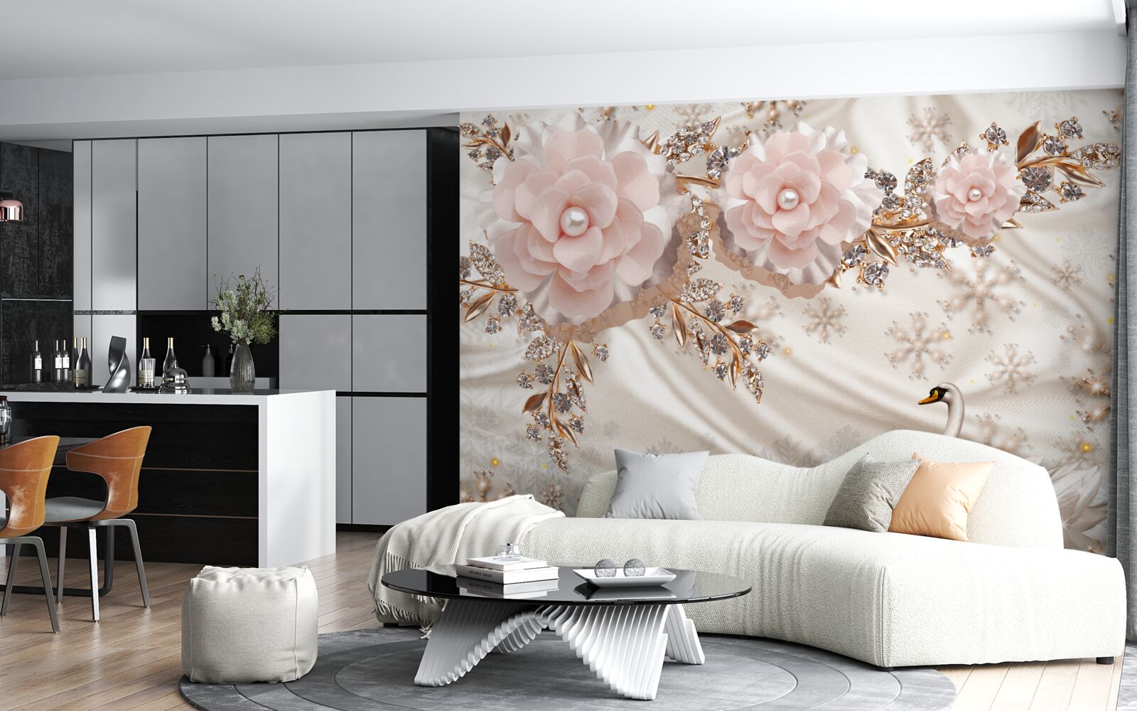 Fotobehang roze bloemen zijn versierd met gouden en sneeuwwitte zwanen