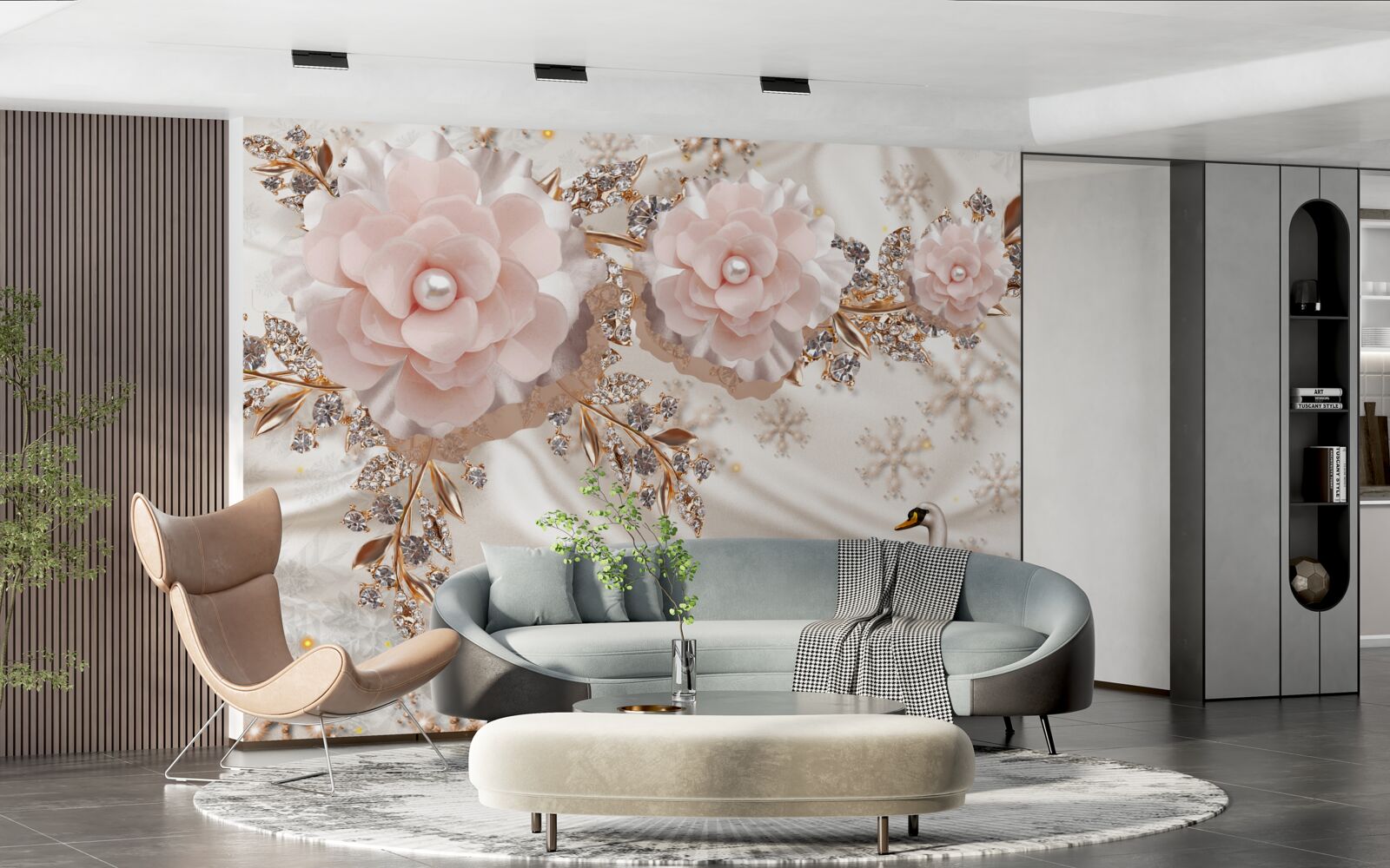 Fotobehang roze bloemen zijn versierd met gouden en sneeuwwitte zwanen