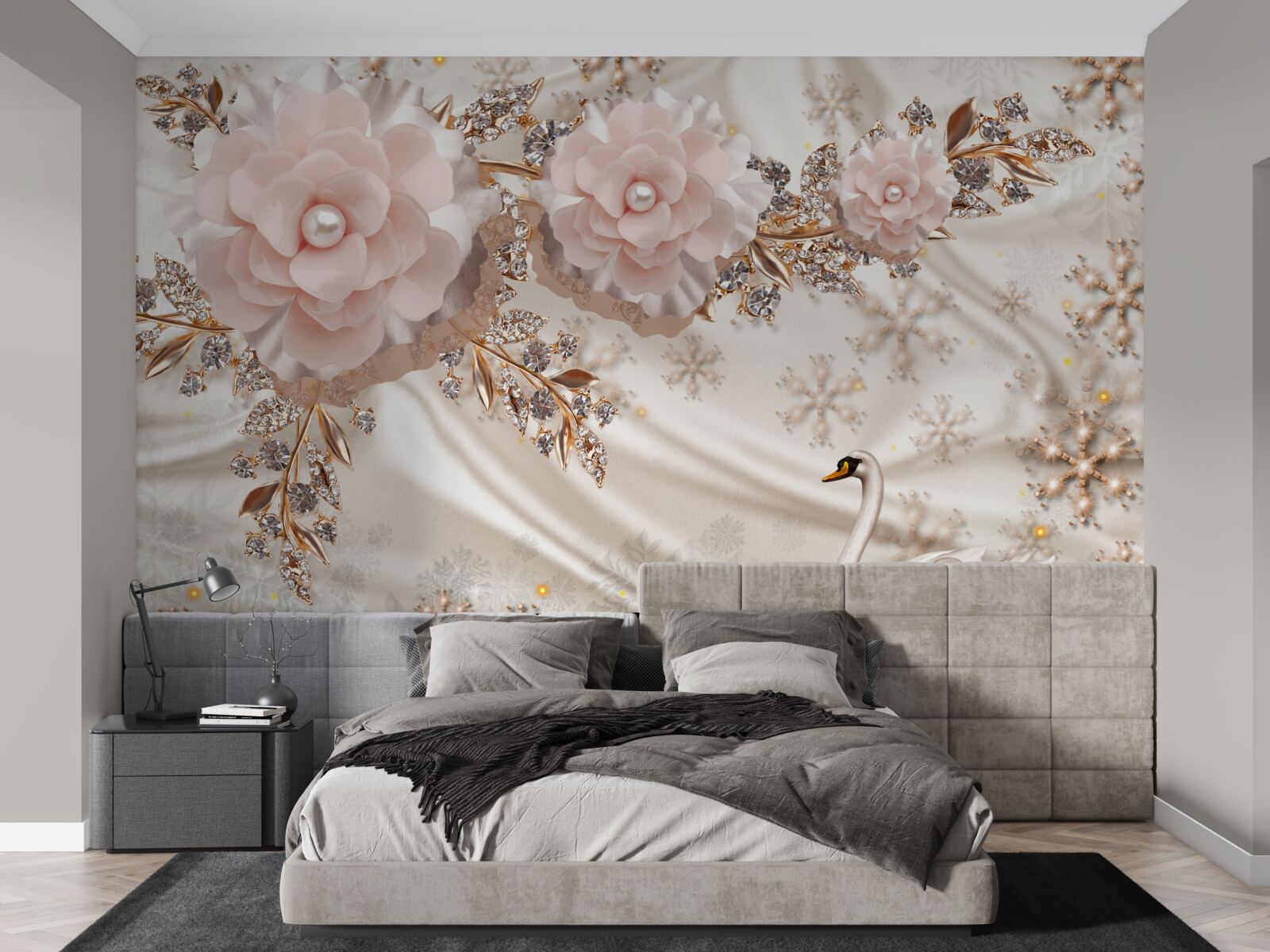 Fotobehang roze bloemen zijn versierd met gouden en sneeuwwitte zwanen