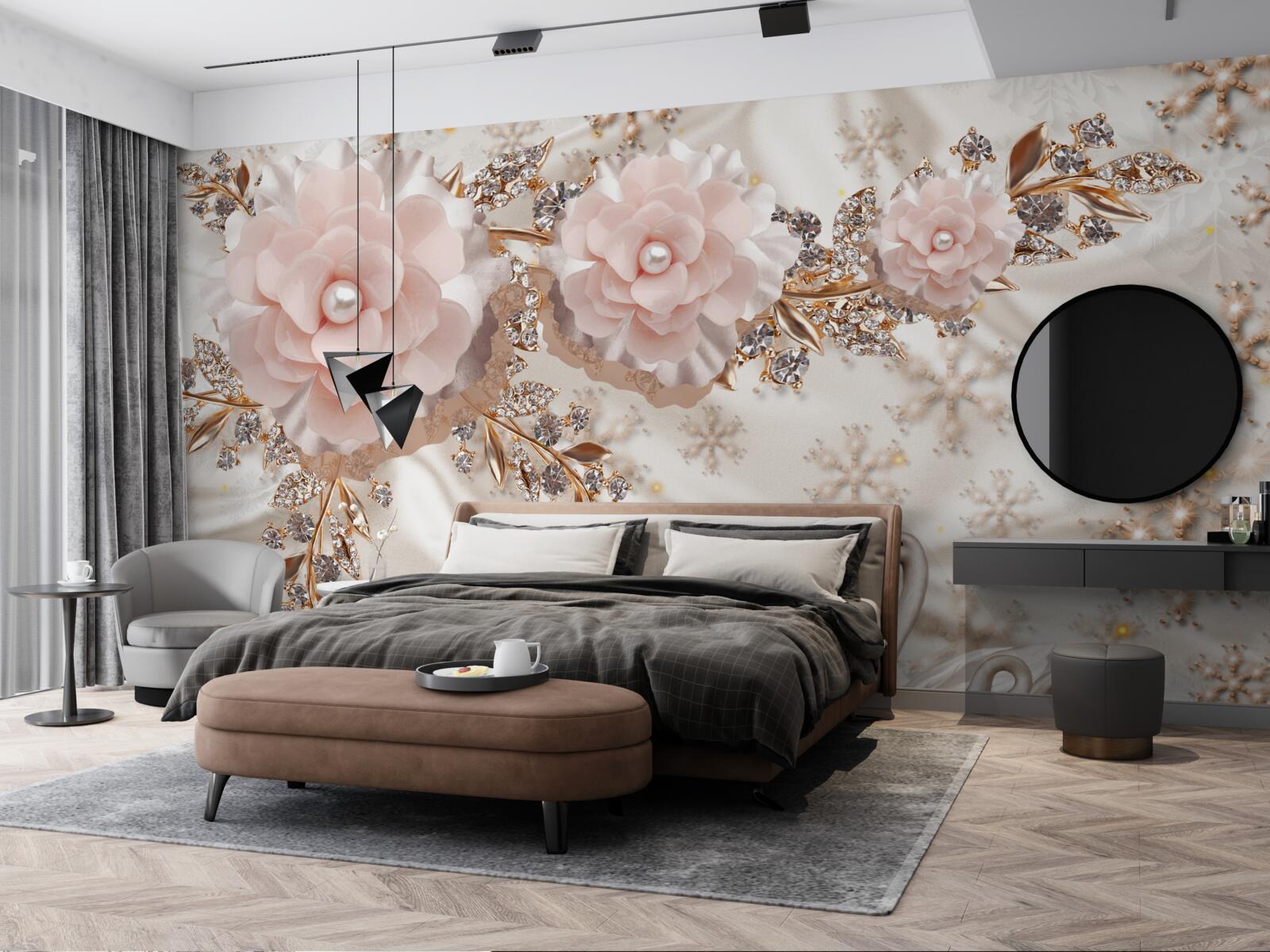 Fotobehang roze bloemen zijn versierd met gouden en sneeuwwitte zwanen