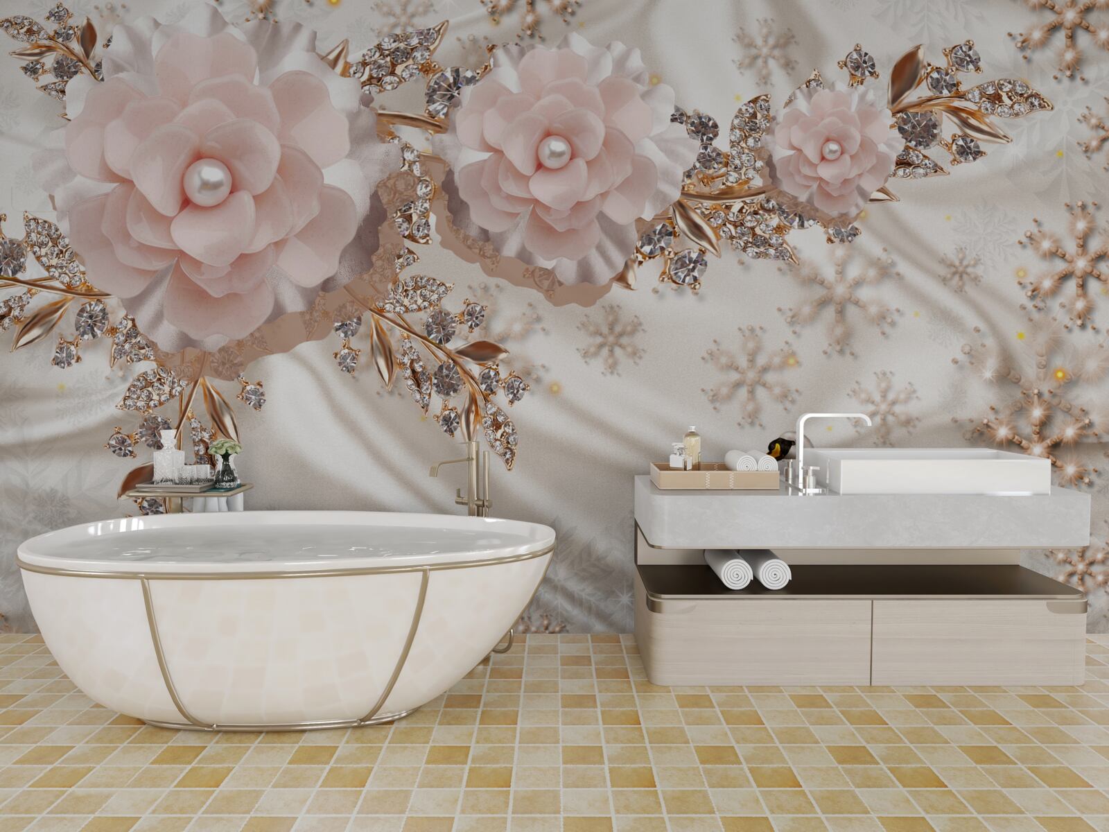 Fotobehang roze bloemen zijn versierd met gouden en sneeuwwitte zwanen