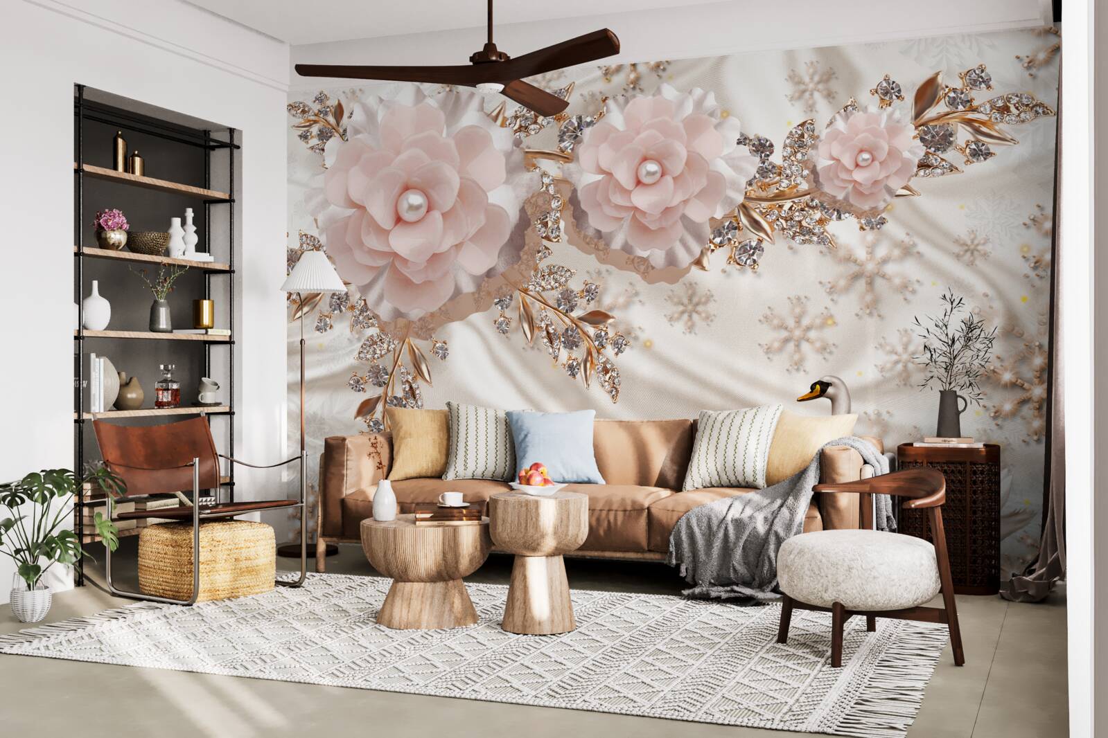 Fotobehang roze bloemen zijn versierd met gouden en sneeuwwitte zwanen