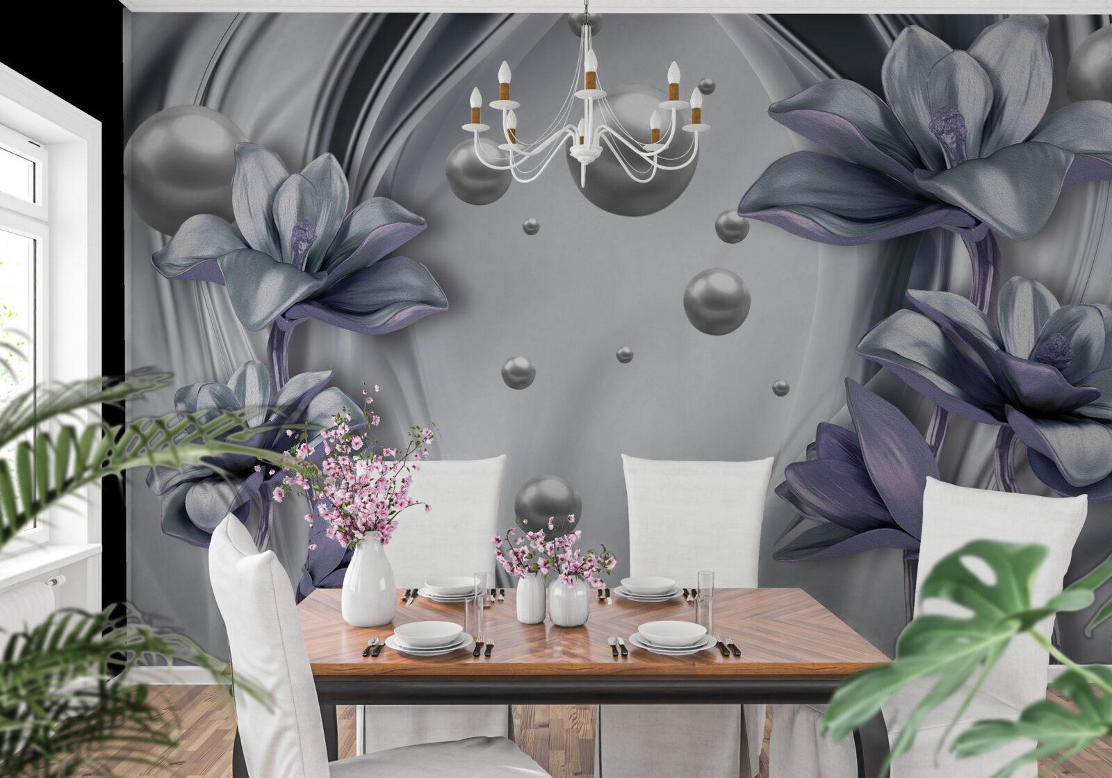 Fotobehang reflectie van parels en bloemen in water