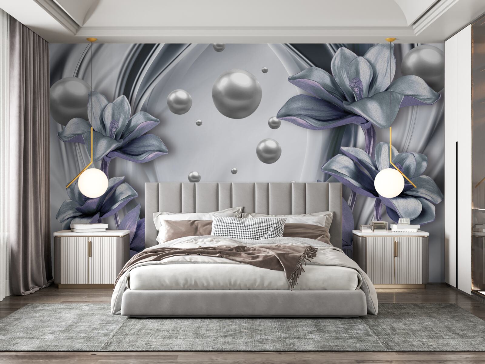 Fotobehang reflectie van parels en bloemen in water