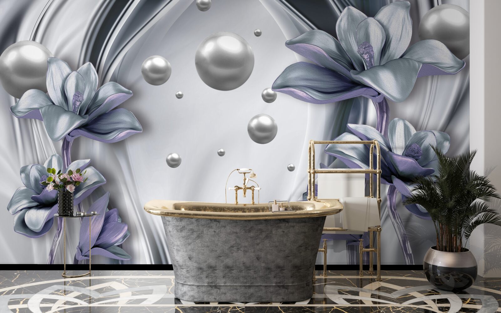 Fotobehang reflectie van parels en bloemen in water