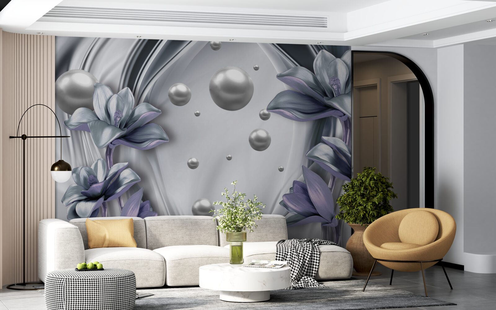 Fotobehang reflectie van parels en bloemen in water