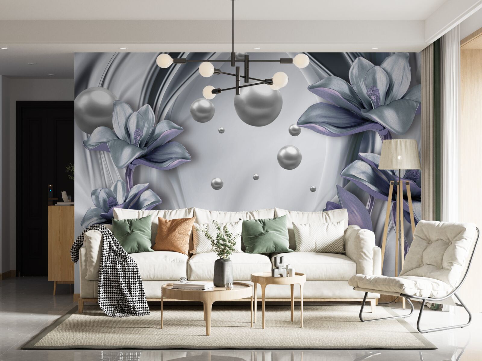 Fotobehang reflectie van parels en bloemen in water