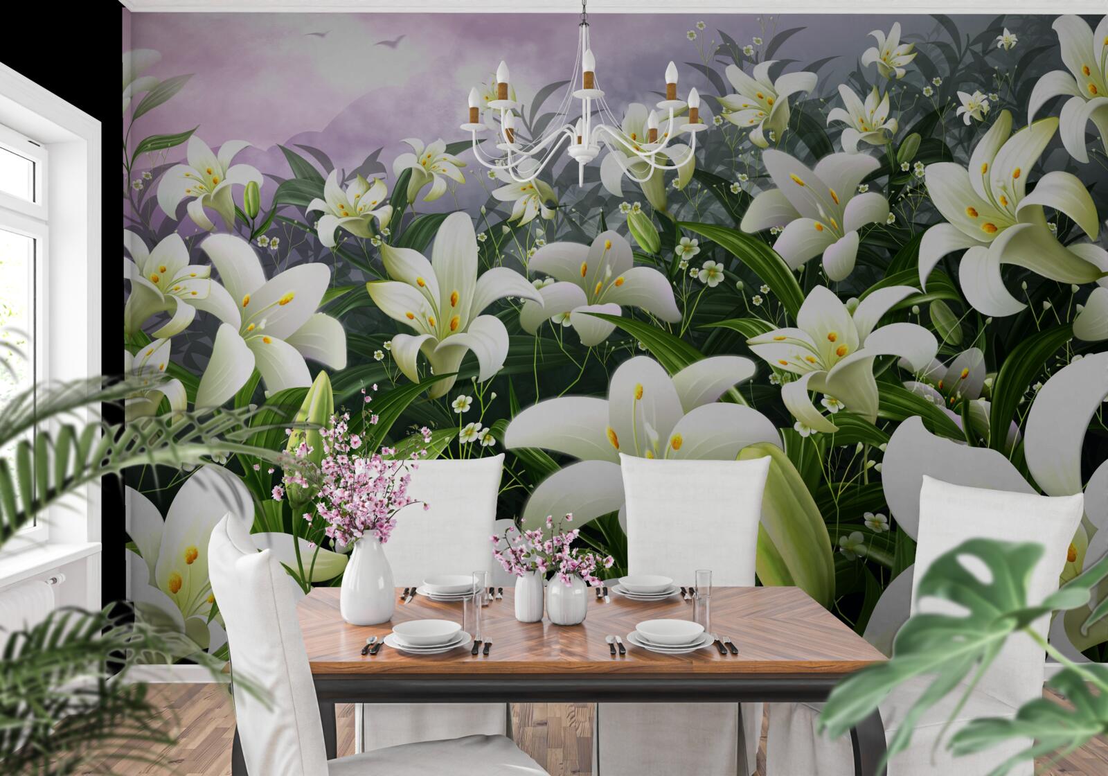 Fotobehang sneeuwwit tapijt van lelies