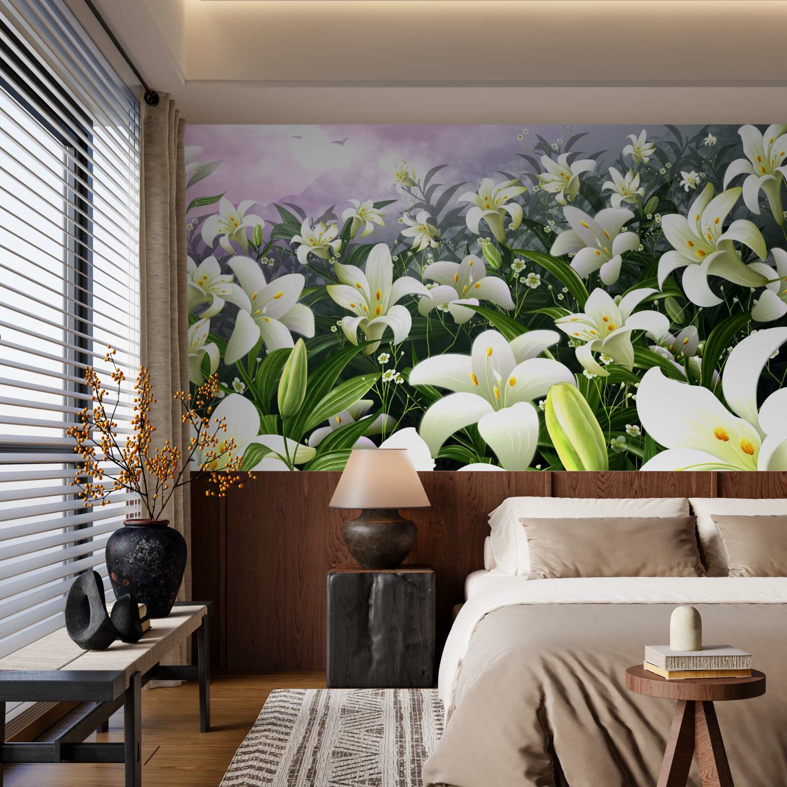 Fotobehang sneeuwwit tapijt van lelies