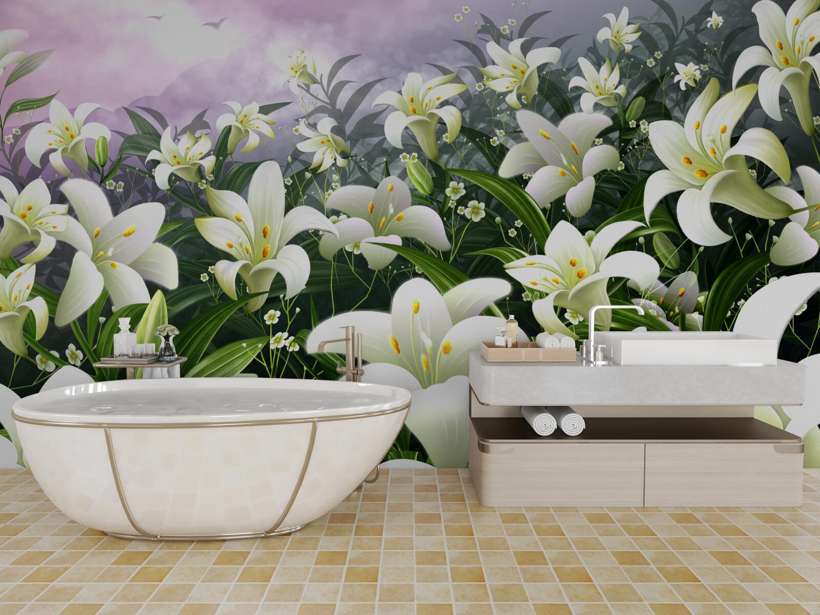 Fotobehang sneeuwwit tapijt van lelies