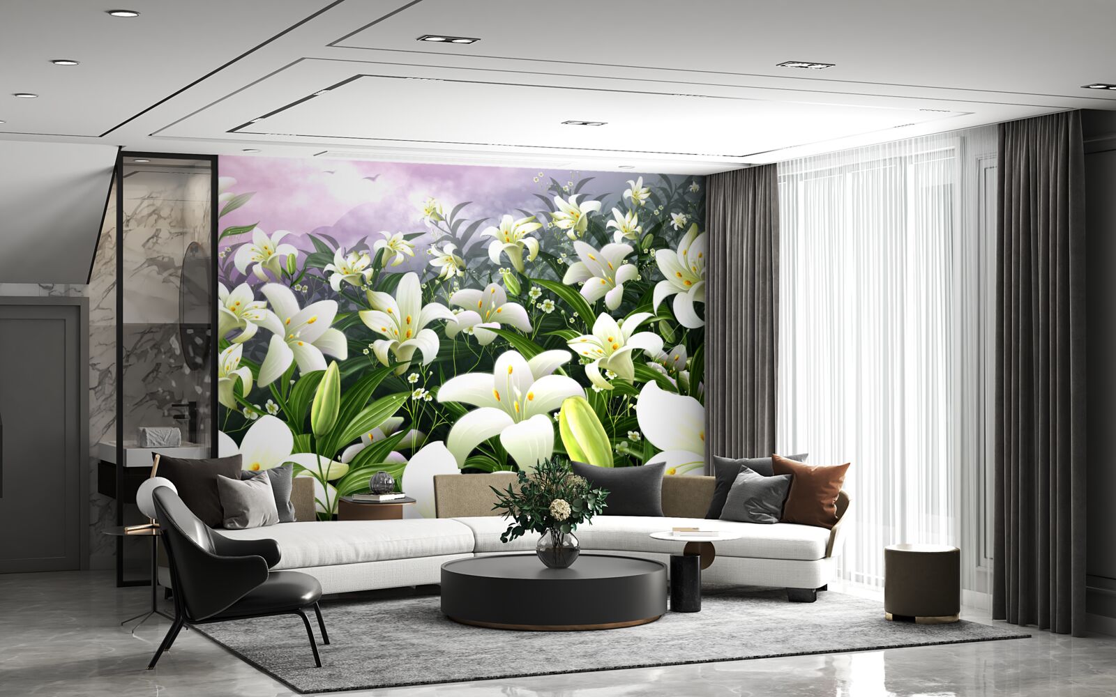 Fotobehang sneeuwwit tapijt van lelies