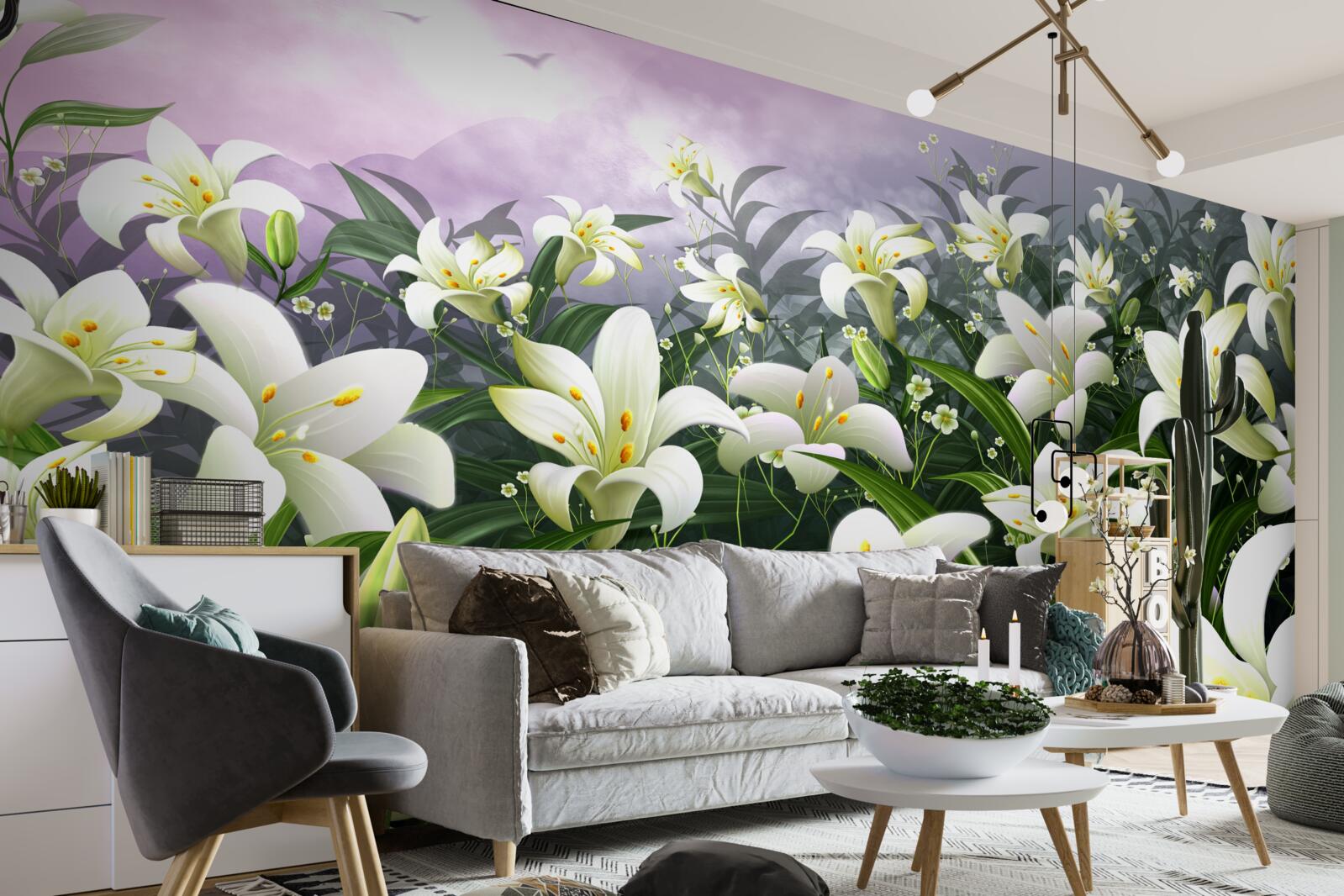 Fotobehang sneeuwwit tapijt van lelies