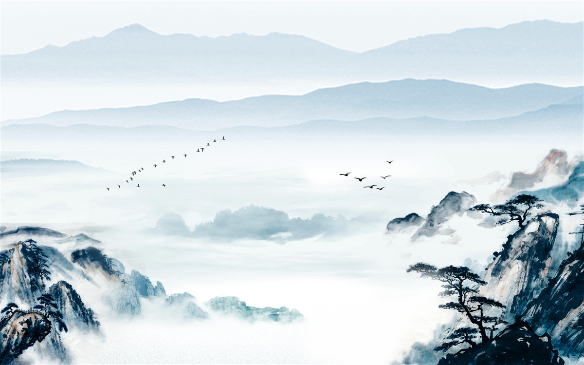 Fotobehang bergtoppen gehuld in mist