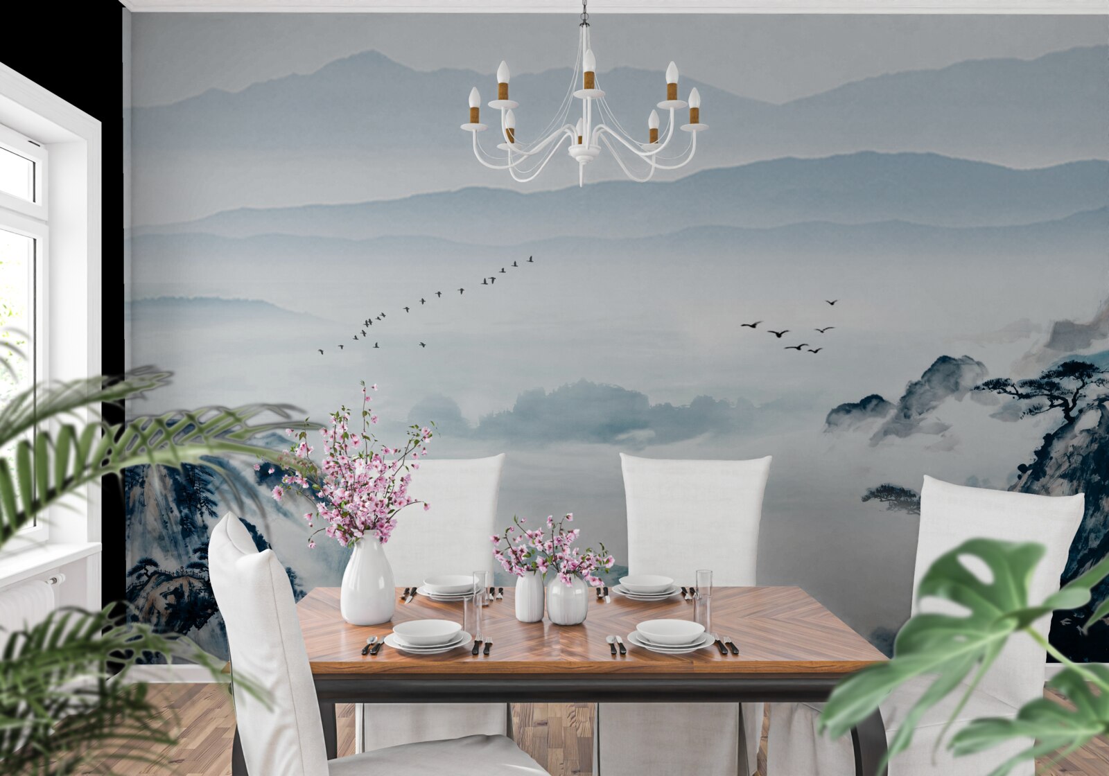 Fotobehang bergtoppen gehuld in mist