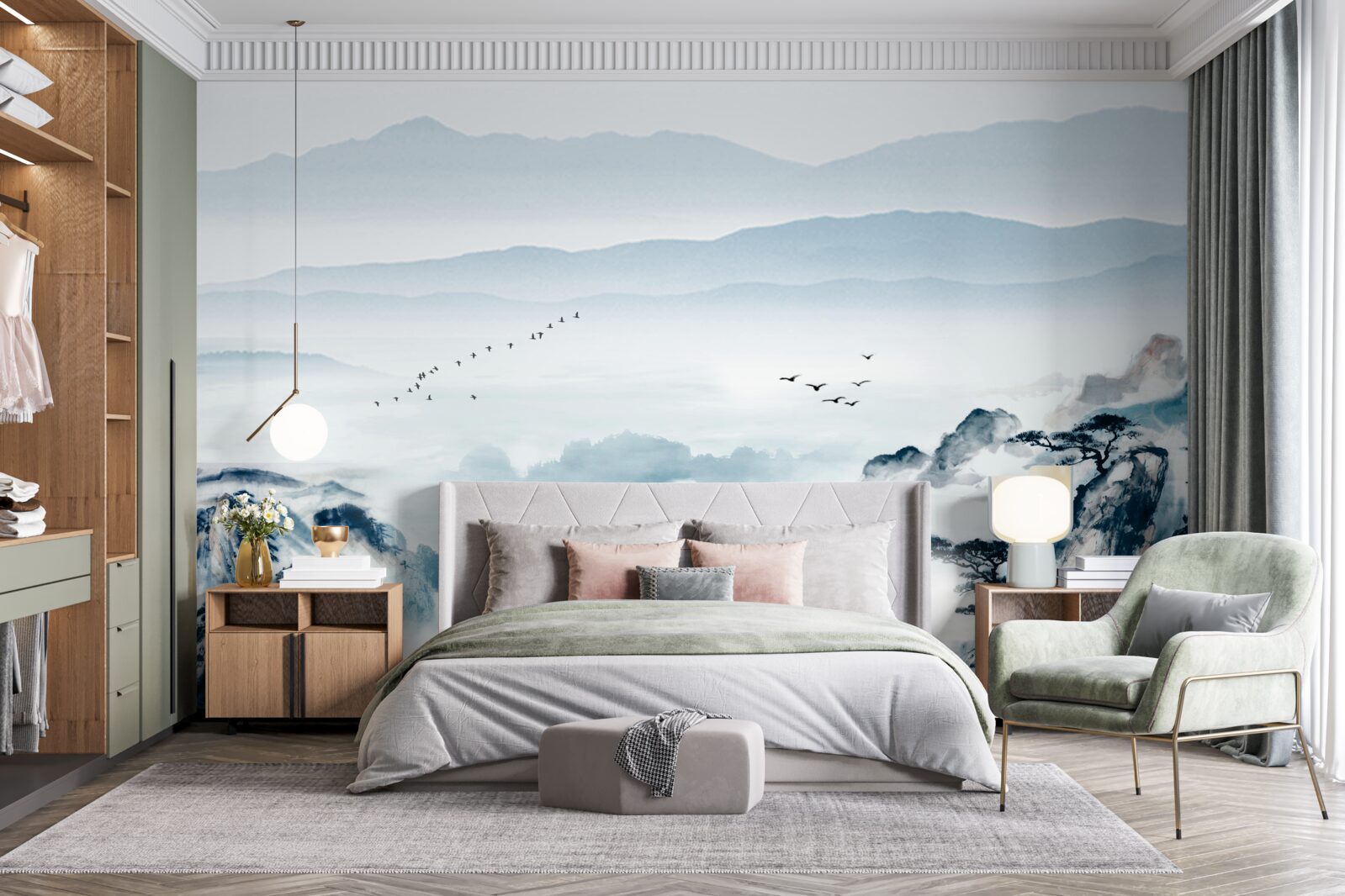 Fotobehang bergtoppen gehuld in mist