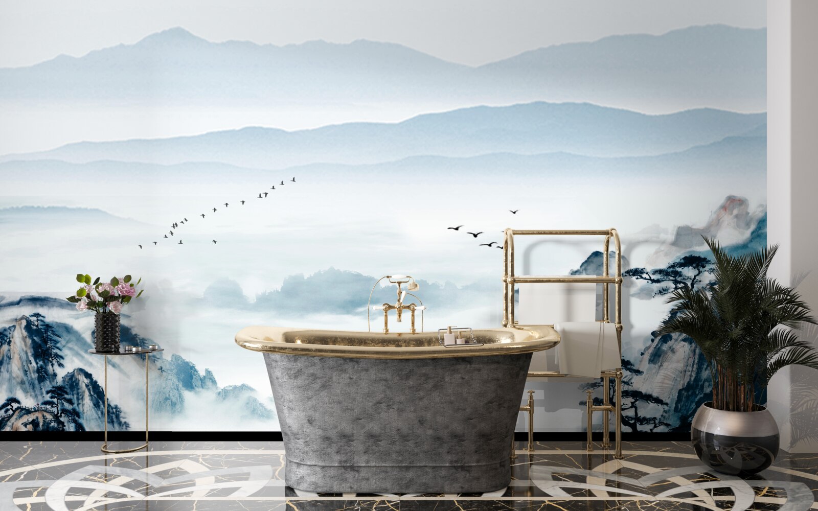 Fotobehang bergtoppen gehuld in mist