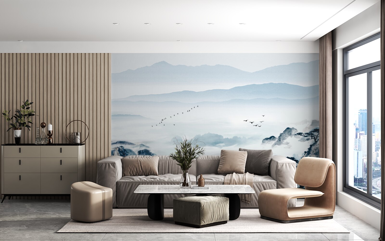 Fotobehang bergtoppen gehuld in mist