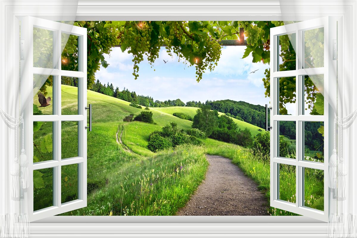 Fotobehang Raam met uitzicht op groene weiden