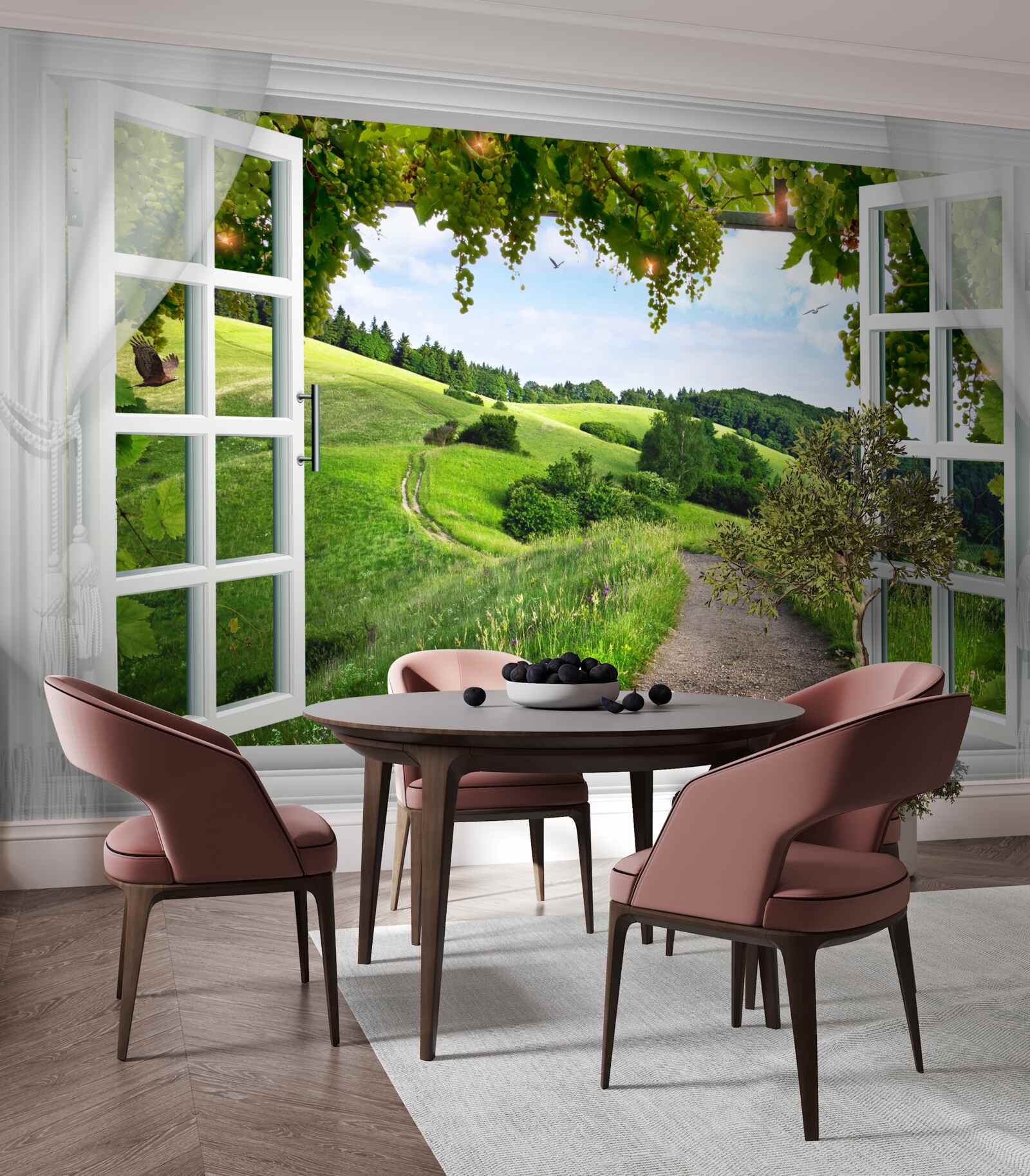 Fotobehang Raam met uitzicht op groene weiden