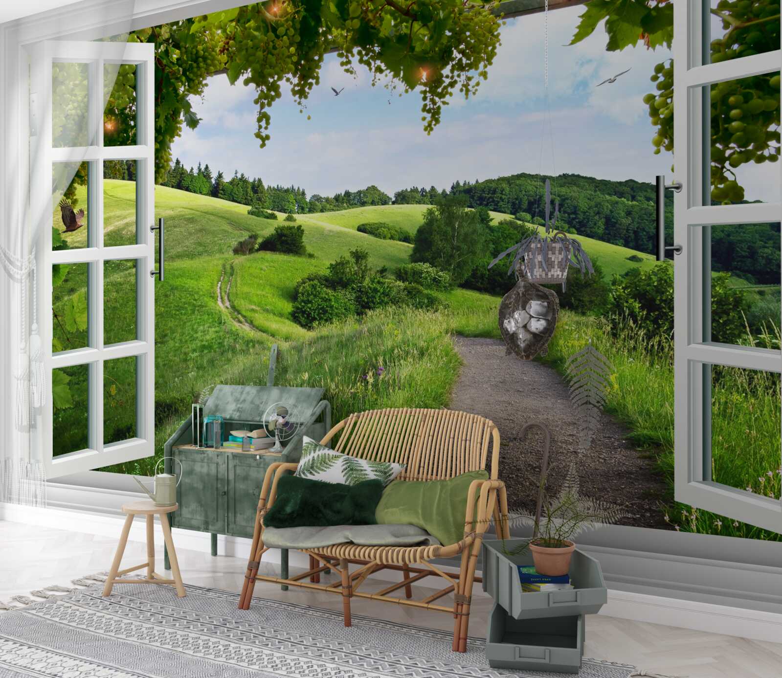 Fotobehang Raam met uitzicht op groene weiden