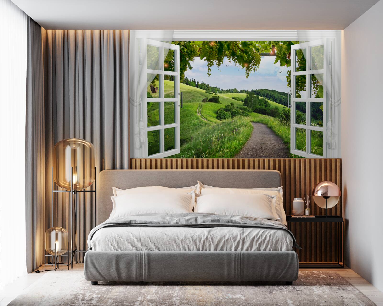 Fotobehang Raam met uitzicht op groene weiden