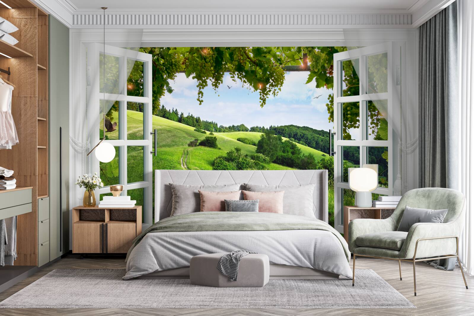 Fotobehang Raam met uitzicht op groene weiden