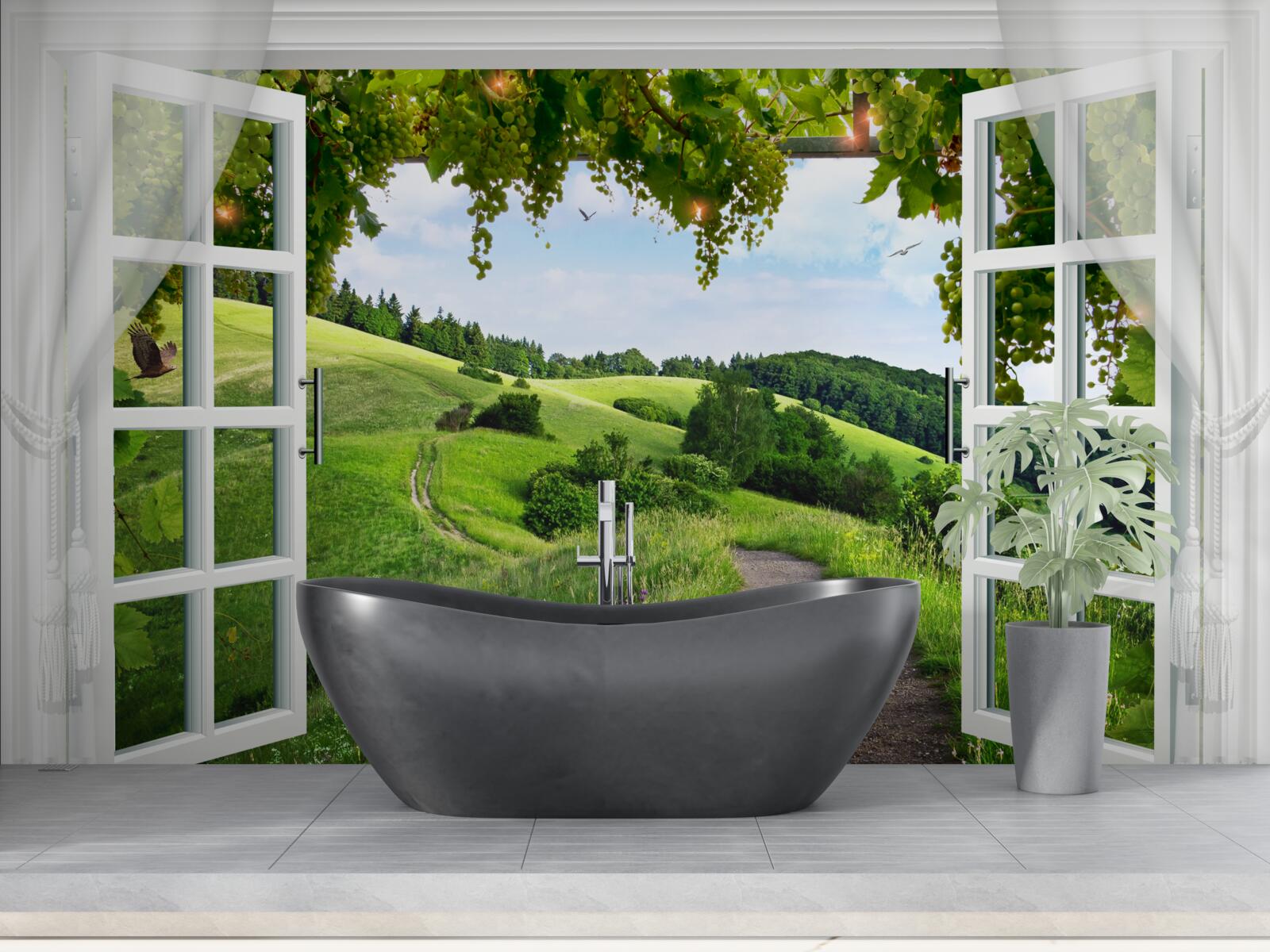 Fotobehang Raam met uitzicht op groene weiden
