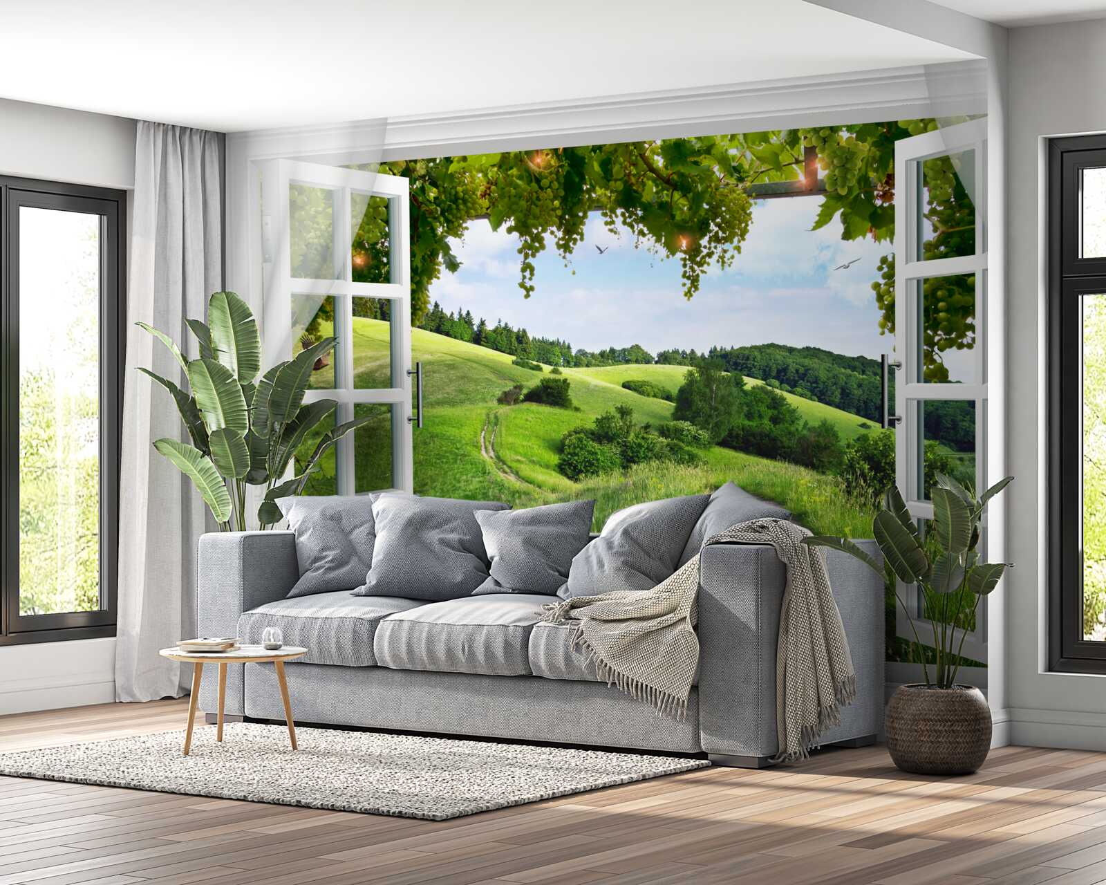 Fotobehang Raam met uitzicht op groene weiden