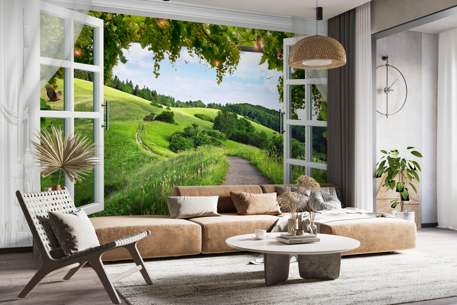 Fotobehang Raam met uitzicht op groene weiden