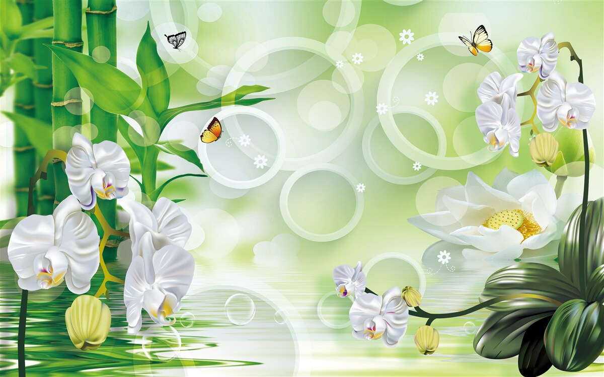 Fotobehang water dat harmonieus samengaat met witte orchideeën en bamboe