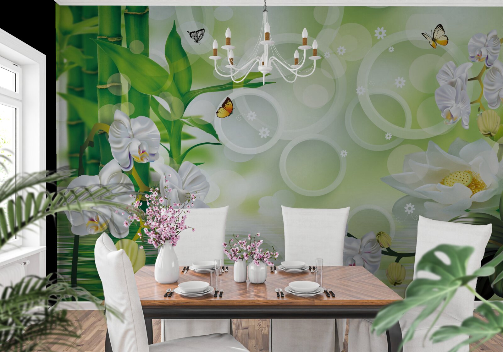 Fotobehang water dat harmonieus samengaat met witte orchideeën en bamboe